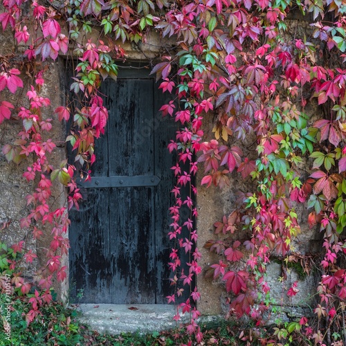 Fototapeta na wymiar Old wooden door overgrown with ivy