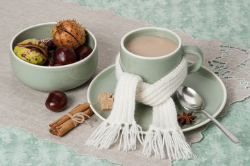 Autumn Concept. Cup Of Hot Coffee, Cocoa or Tea With Milk And Sp