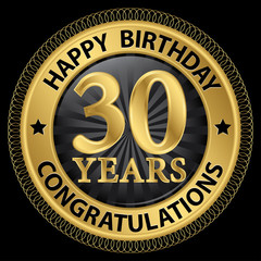 30 years happy birthday congratulations gold label, vector illus