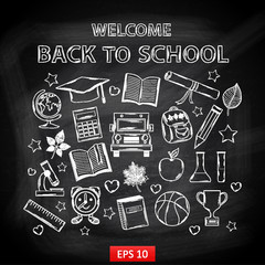 chalk board welcome back to school,with thematic elements