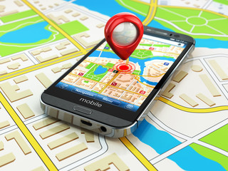 Wall Mural - Mobile GPS navigation concept. Smartphone on map of the city,