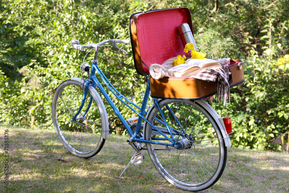 Bicycle and open suitcase on it in shadow in park