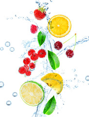 Poster - Fresh fruit, berries and green leaves with water splash,