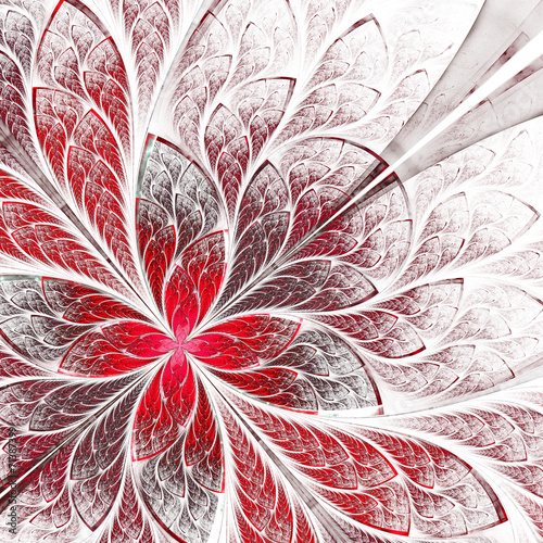 Naklejka na drzwi Symmetrical flower pattern in stained-glass window style. Red an