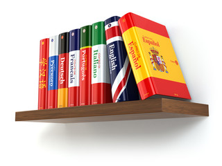 Poster - Dictionaries on bookshelf white isolated backgound.