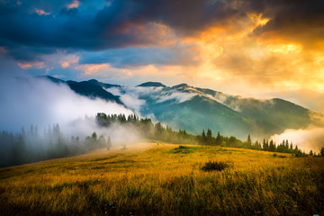 Wall Mural - amazing mountain landscape with fog and a haystack