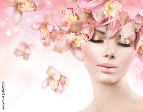 Naklejka na meble Fashion Beauty Model Girl with Orchid Flowers Hair