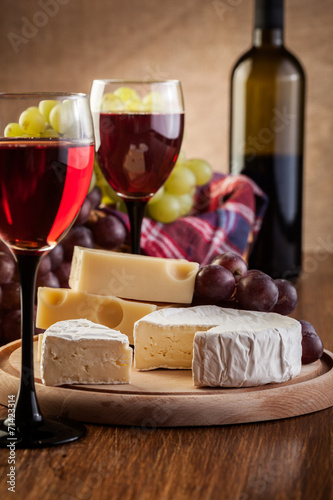 Cheese with a bottle and glasses of red wine Canvas Print