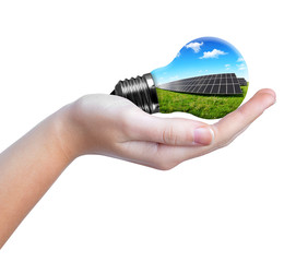 Wall Mural - hand holding solar panels in light bulb.