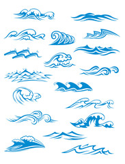 ocean or sea waves, surf and splashes set