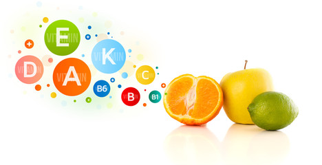 Wall Mural - Healthy fruits with colorful vitamin symbols and icons