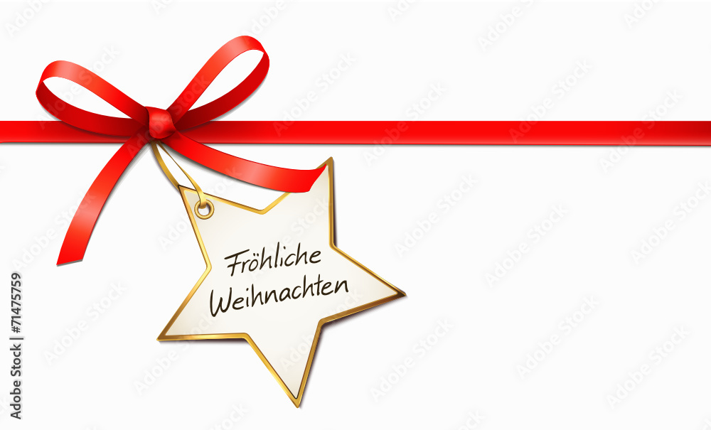 Stock-Vektorgrafik „Rote Schleife, Stern-Etikett - Fröhliche Weihnachten“