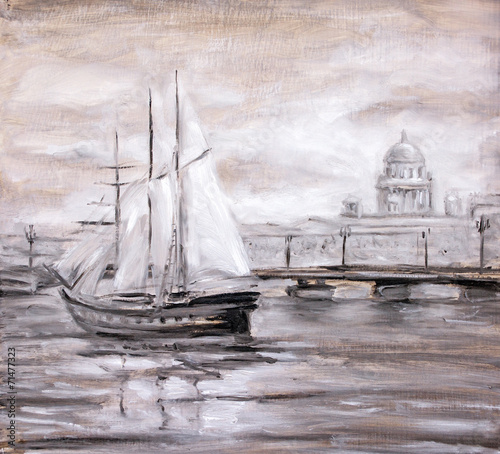 Naklejka na szafę Sailing boat near city. Oil painting.