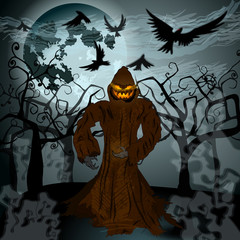 Wall Mural - Halloween illustration with Jack O'Lantern, full Moon and crows