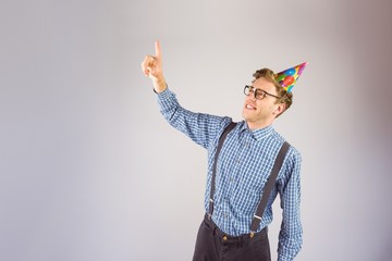 Aufkleber - Geeky hipster wearing party hat pointing