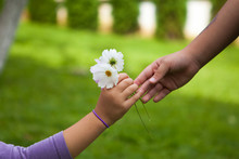 Child's hand giving flowers to her friend