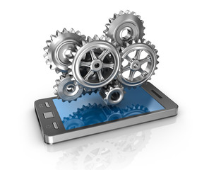 mobile phone and gears. application development concept.