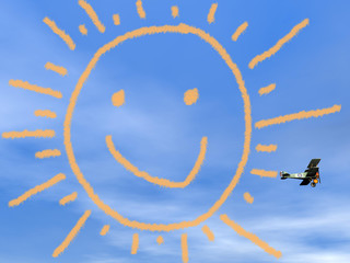 Wall Mural - Smiling sun from biplan smoke - 3D render