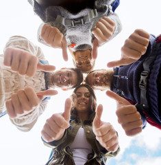 Canvas Print - group of smiling friends with backpacks hiking