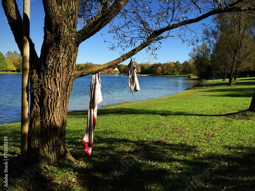 Baum dient als Kleiderständer am Badesee für Bikini ...