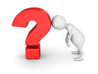 3d man with red question mark on white background