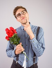 Poster - Geeky hipster holding a bunch of roses