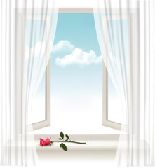 Fototapete - Background with an open window and a red flower. Vector.