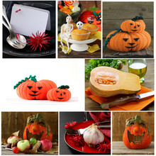Set Halloween Pumpkin, Treats And Table Setting