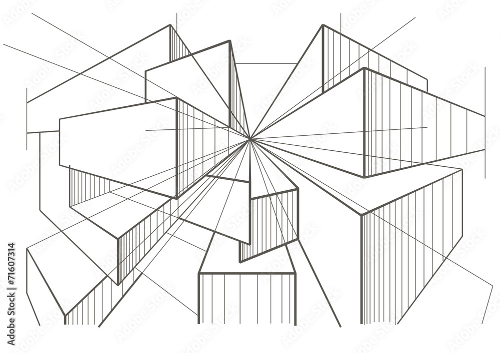 abstract architectural sketch of boxes in perspective - obrazy, fototapety, plakaty 