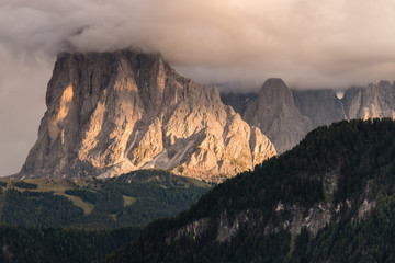  Sassolungo peaks in Dolomites at sunset