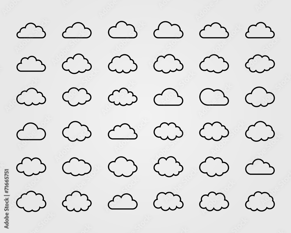 Big vector set of thirty-six cloud shapes - obrazy, fototapety, plakaty 