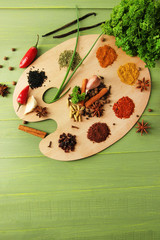 Wall Mural - Painting palette with various spices and herbs,