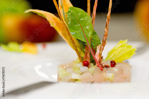 Fotografie, Obraz tartar with amberjack, celery and food garnish