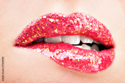 beautiful female lips with shiny red gloss lipstick Poster