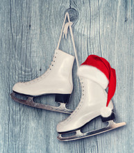 Pair Of White Ice Skates And Santa Claus Hat - Backround On Vint