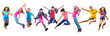 happy children exercising and jumping over white
