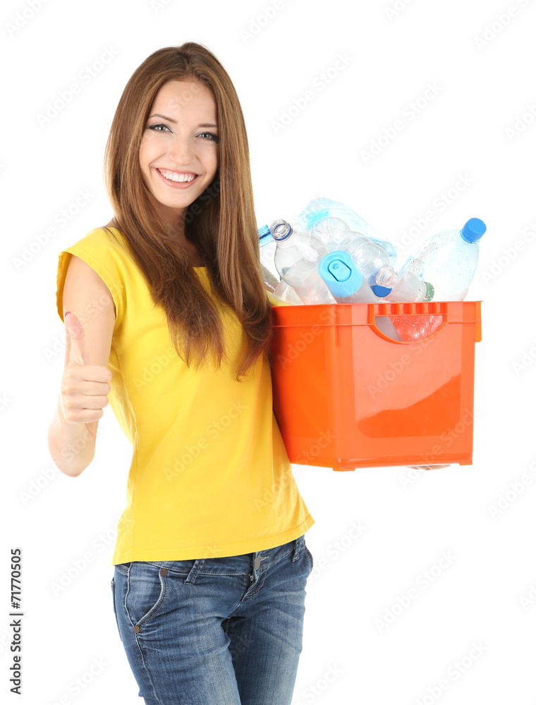 Young girl sorting plastic bottles isolated on white