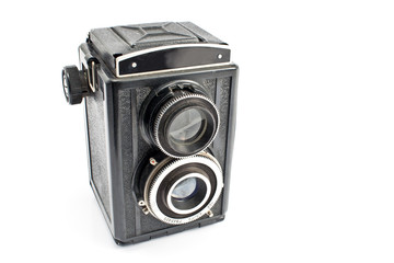 Vintage two lens photo camera isolated on white