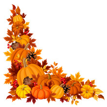 Corner Background With Pumpkins And Autumn Leaves. Vector.