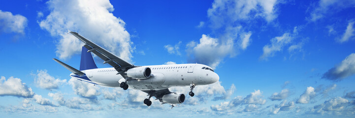 Jet in a blue cloudy sky