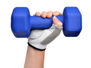 Hand holding blue fitness dumbbell  on white background