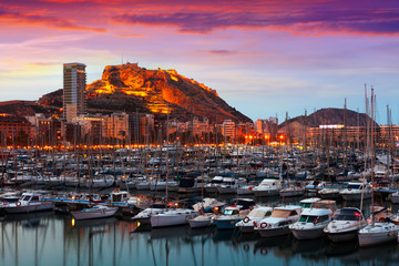 Wall Mural - port  and Castle of Santa Barbara during sunset. Alicante