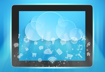 Wall Mural - on the screen of tablet cloud and icons.