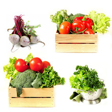 Set Vegetables In Wooden Box, Lettuce Salad And Beetroot