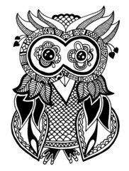 Canvas Print - original artwork of owl, ink hand drawing in ethnic style