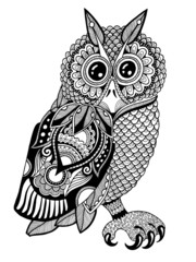 Canvas Print - original artwork of owl, ink hand drawing in ethnic style