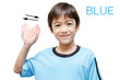 Blue color kid hand sign language on white background