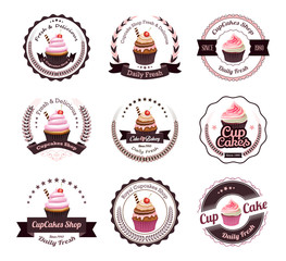 Wall Mural - Vintage retro cupcakes bakery badges and labels