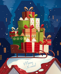 Sleigh and gifts. Christmas card