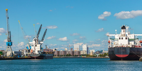 Docking container ships in Rotterdam harbor